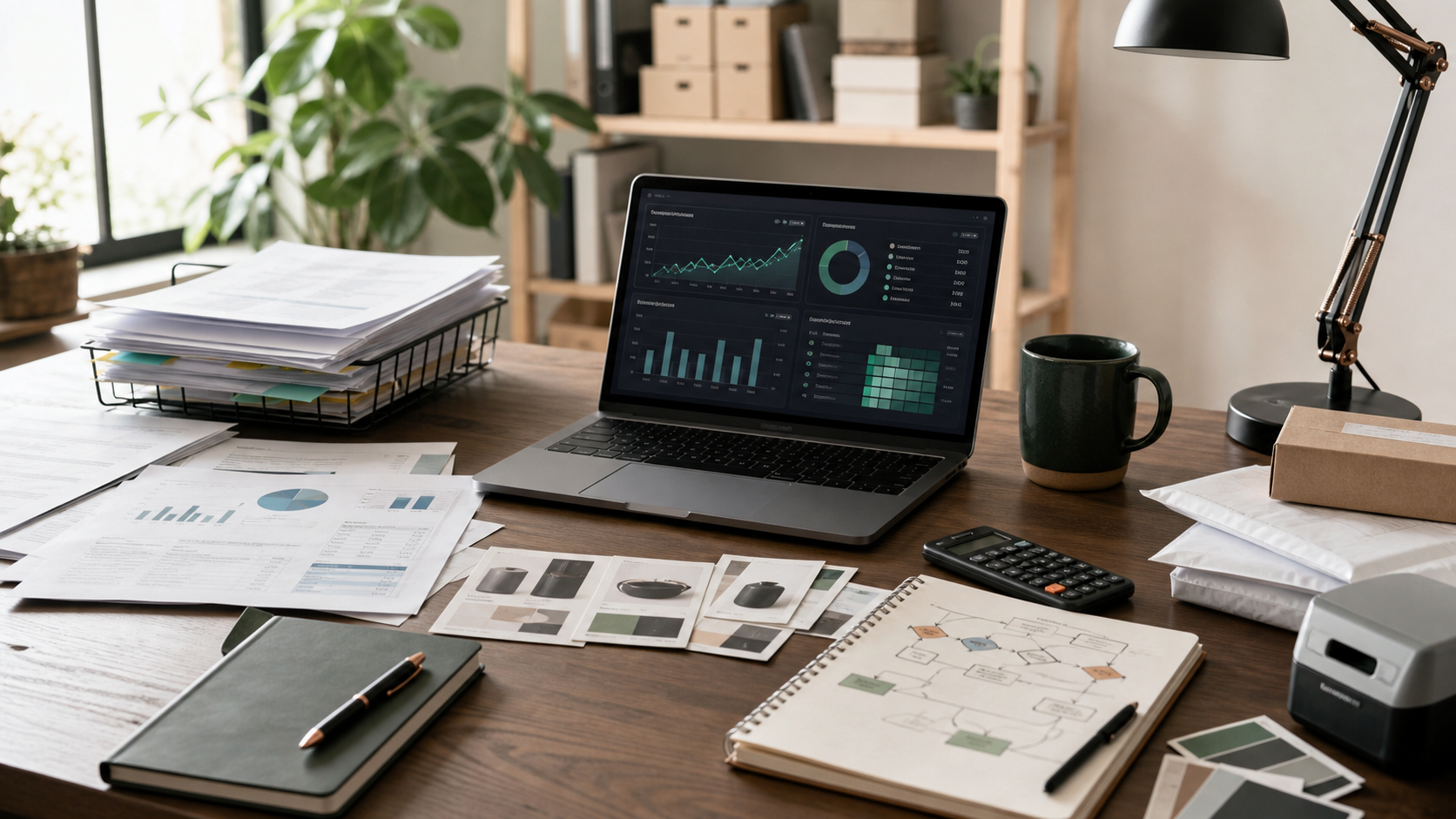 Organized workspace for e-commerce operations and business reporting